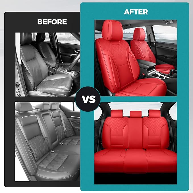Red Car Seat Covers Full Set - Breathable Faux Leather Universal 5 Seat Covers for Cars, Automotive Protector Fit for Most Sedan SUV Pick-up Truck