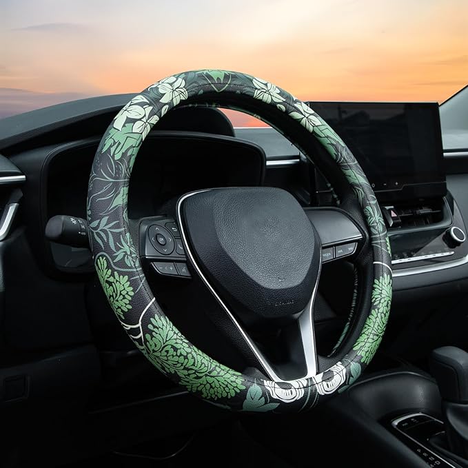 Sage Green Floral Steering Wheel Cover Auto Leather Steering Wheel Protector, Anti-Slip, Breathable, Absorbing Sweat, Universal Floral Car Accessories 14.5–15 inch,Fit for Most Car, Trucks, SUV