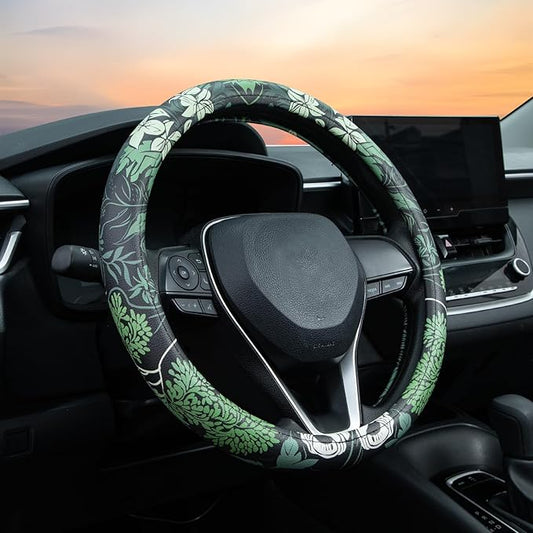 Sage Green Floral Steering Wheel Cover Auto Leather Steering Wheel Protector, Anti-Slip, Breathable, Absorbing Sweat, Universal Floral Car Accessories 14.5–15 inch,Fit for Most Car, Trucks, SUV