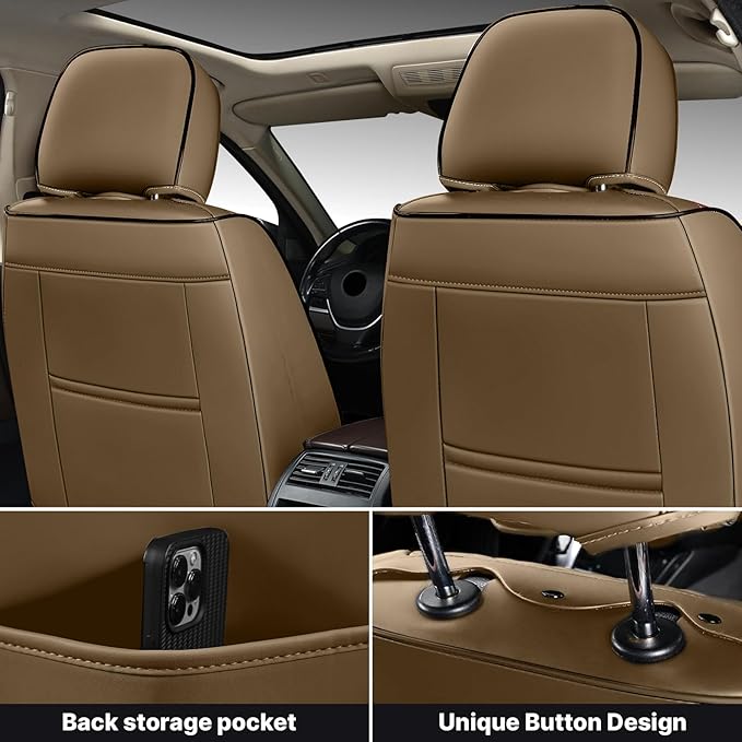 Leather Car Seat Cover Full Set, Waterproof and Protector, Brown&Beige, 5 Seat Cushion, Fits Most Cars