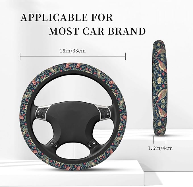 Red Birds Strawberry Flowers Steering Wheel Cover for Women Girls, 15 Inches Anti-Slip Steering Wheel Cover for Auto Truck SUV