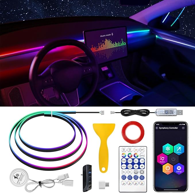 Dreamcolor Acrylic Interior Car LED Strip Light with 60S Motion Sensor Switch &USB Hub, 55.1 inches Neon LED Strip Light, RGB Colors Ambient Lighting Kits