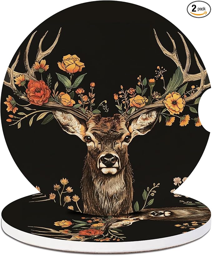 2 Pack Car Cup Holder Coaster-Forest Deer Absorbent Ceramic Coaster,Floral Car Coasters for Cup Holders,Auto Accessories for Women & Men
