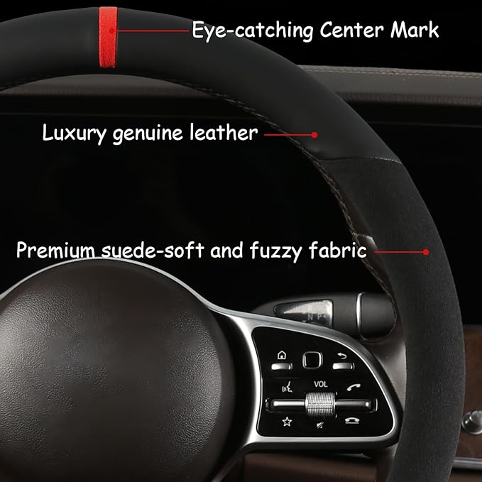 Suede Steering Wheel Cover with Upgraded Silicone Inner Ring, Anti Heat, Breathable, Anti-Slip, Leather Universal 14.5 to 15 inch Steering Wheel Cover (Partial Genuine Leather)