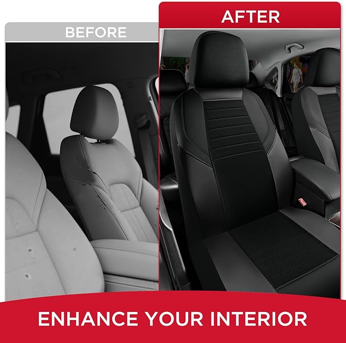 Rubbermaid Car Seat Cover, Leather & Air-Cool Mesh Front Seat Cover, Airbag Compatible, Slip-On Installation, Automotive Seat Cover Universal Fit for Most Cars, Trucks, SUVs-Black