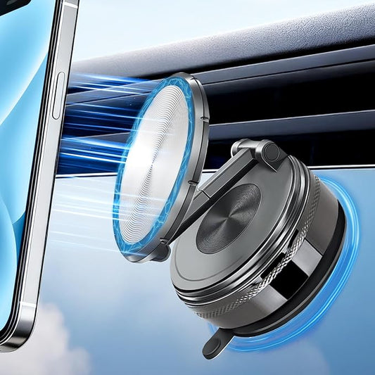 Vacuum Magnetic Phone Holder for Car - 98+Lbs Suction & 2600Gf N54 Magnets for Magsafe, 360° Adjustable Foldable Car Phone Mount Compatible for iPhone 17 Pro Max 16 15 14 Air Plus (Black)