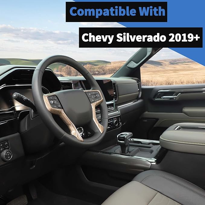 Voodonala for Chevy Silverado Steering Wheel Panel Cover ABS Antidust Carbon Fiber Black Style Steering Wheel Cover Trim Compatible with Chevy Silverado 2019+ (2Pcs/Set,Wood)