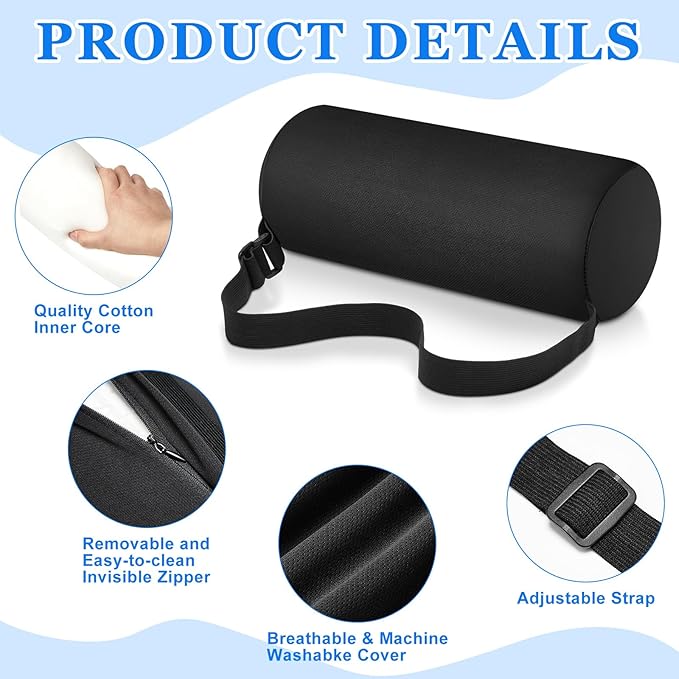 Wenqik 2 Pcs Lumbar Support Pillow Lumbar Roll Lower Pillow Office Seat Cushion with Adjustable Strap and Washable Cover for Travel Gaming Chair Car Seat Pain Relief(Black)
