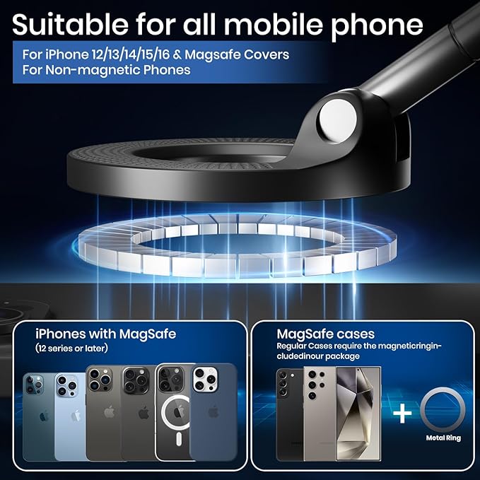 Upgraded 360° Vacuum Magnetic Phone Holder, Vacuum Suction Magnetic Phone Mount with Foldable Phone Holder for Car/Gym/Mirror/Smooth Surface, Suitable with All Smartphones (K007 Black)