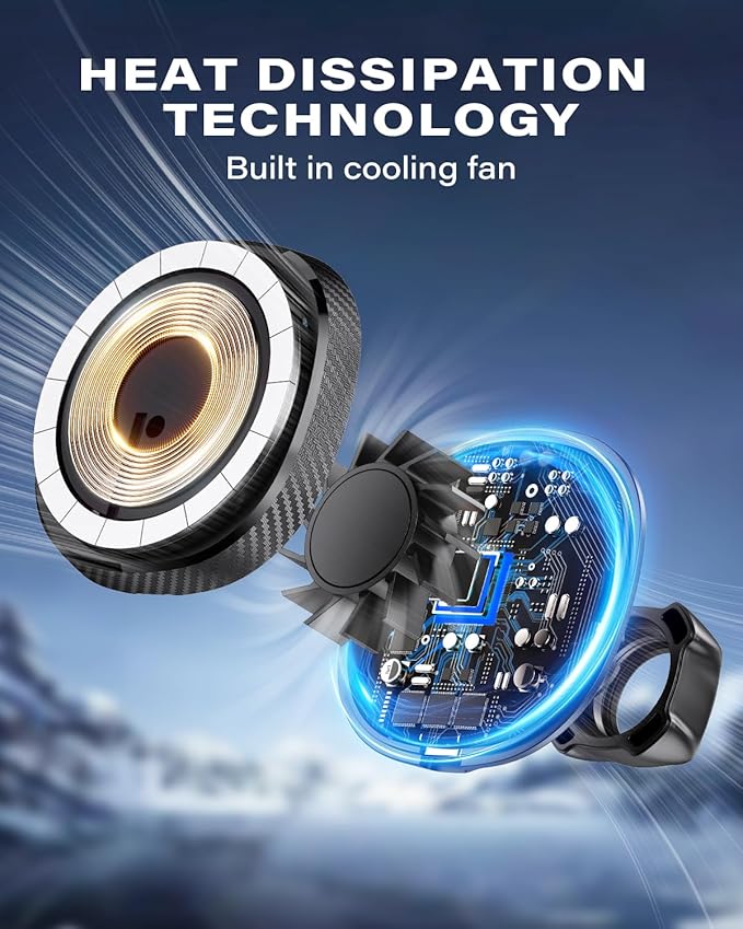 OQTIQ for Magnetic Car Mount Charger- QI2 Certified 15W Fast Wireless Charging Car Phone Holder with Strong Magnetic Grip, Built-in Cooling Fan, Suction Cup & Vent Mount [PD 30W Adaptor Included]