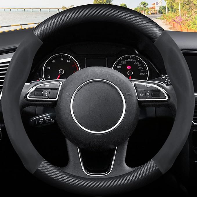 Ergocar Round Shape Carbon Fiber & Microfiber PU Leather Steering Wheel Cover Anti-Slip Car Steering Wheel Protector Breathable Sweat Absorbent Sport for Diameter 38cm（15"）-Black