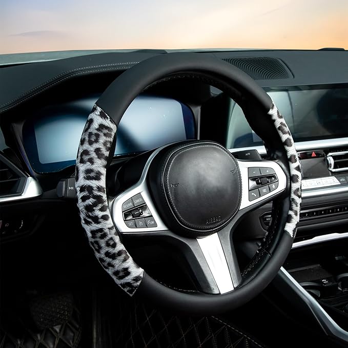 White Leopard Steering Wheel Cover Auto Leather Steering Wheel Protector, Anti-Slip, Breathable, Absorbing Sweat, Universal Leopard Car Accessories 14.5–15 inch,Fit for Most Car, Trucks, SUV