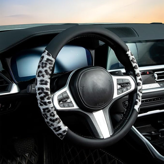 White Leopard Steering Wheel Cover Auto Leather Steering Wheel Protector, Anti-Slip, Breathable, Absorbing Sweat, Universal Leopard Car Accessories 14.5–15 inch,Fit for Most Car, Trucks, SUV