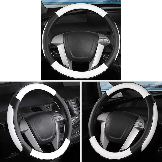 SEG Direct Car Steering Wheel Cover Small Size for Prius Civic Model 3 Model Y Camaro Rogue with 14-14 1/4 inches Outer Diameter, Black and White Mirofiber Leather