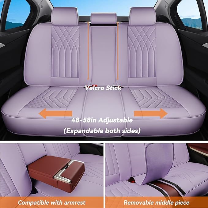Purple Car Seat Covers Full Set, Waterproof Luxury Leather Purple Seat Covers for Women, Non-Slip Front & Rear Seats Cover Sets Universal Fit for Most Cars SUVs Trucks