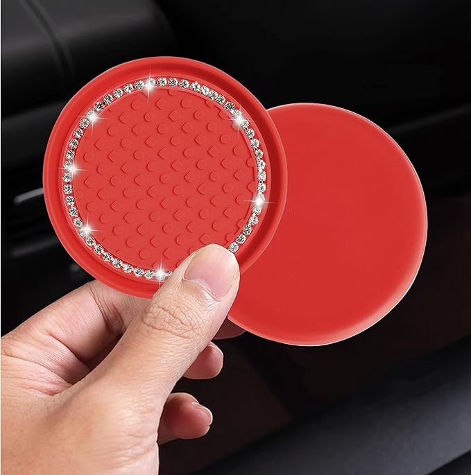 Amooca Car Cup Coaster 4 Pack Universal Non-Slip Cup Holders Insert Coasters Bling Crystal Rhinestone Car Interior Accessories Red Dots