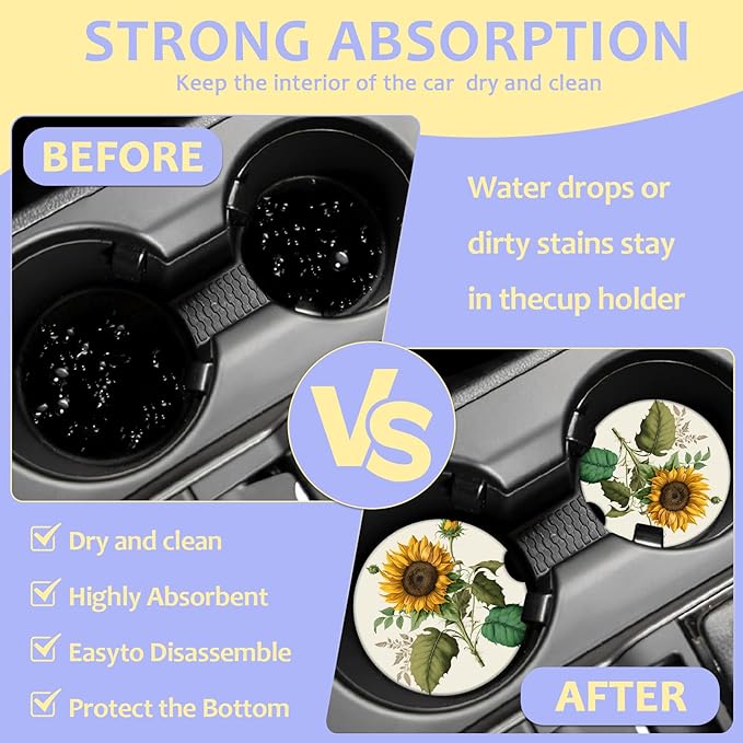 2 Pack Car Cup Holder Coaster-Sunflower Green Leaves Absorbent Ceramic Coaster, Car Coasters for Cup Holders,Auto Accessories for Women & Men