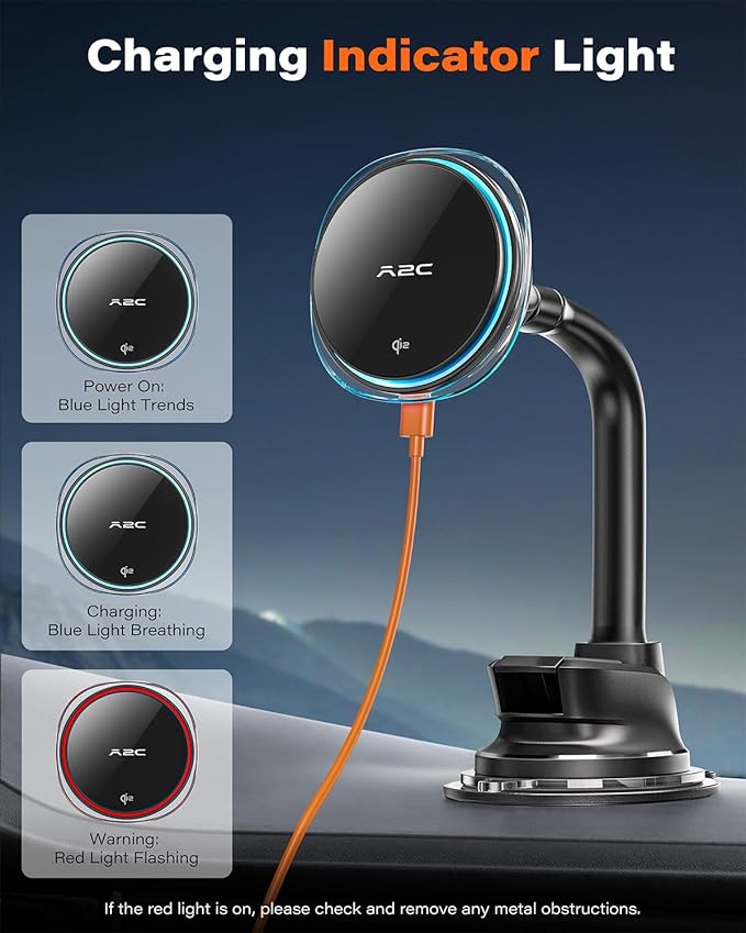 A2C for Qi2 15W MagSafe Car Mount Charger, Magnetic Car Phone Holder Windshield Dashboard [Semiconductor Cooler, PD 30W Adapter, 10.6cm Gooseneck] Fast Charging Wireless Car Charger for iPhone Only