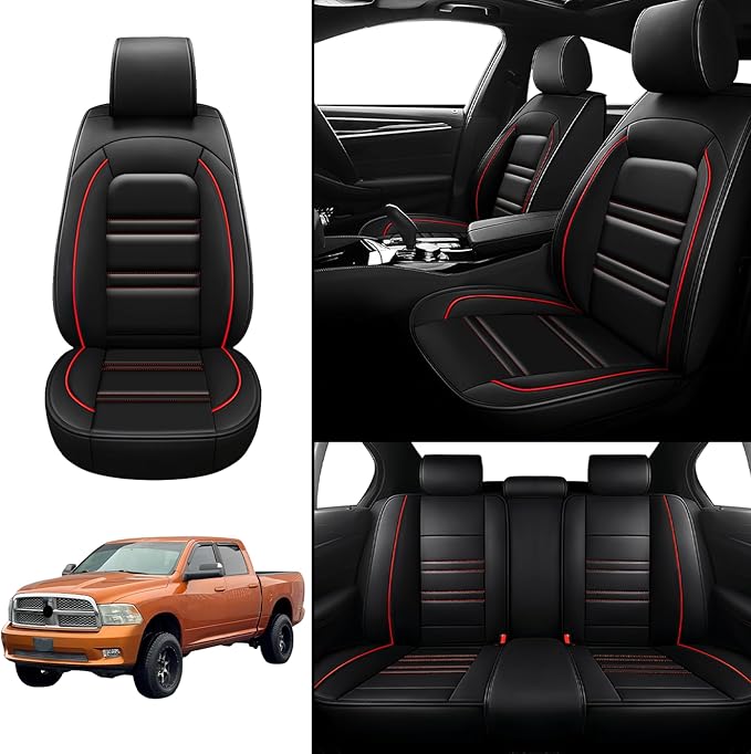 Seat Covers for Dodge ram 2004-2011 | 5-Seats Leather Seat Covers, Easy to Install Automotive Seat Covers Full Set (Full Set, Black&Red Line)