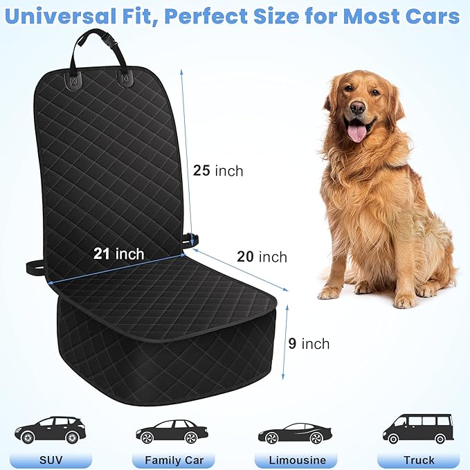 Dog Car Seat Covers, Waterproof Front Seat Cover for Dogs, Scratch-Proof, Nonslip Pet Passenger Seat Cover Protector, Universal Fit for Cars Trucks SUVs, Large Size, Black