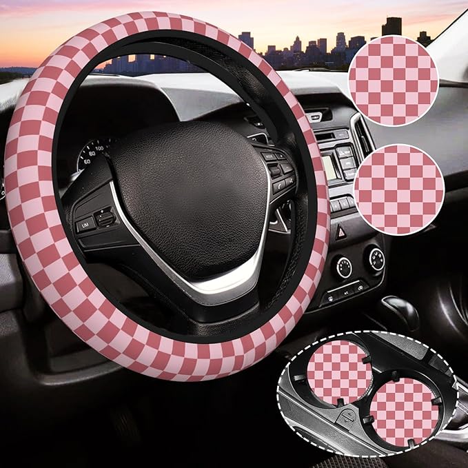 Red Checkered Steering Wheel Cover for Women, Universal Auto Steering Wheel 14-15 Inch Car Interior Accessories with 2PCS Car Coasters, Suitable for Men and Women