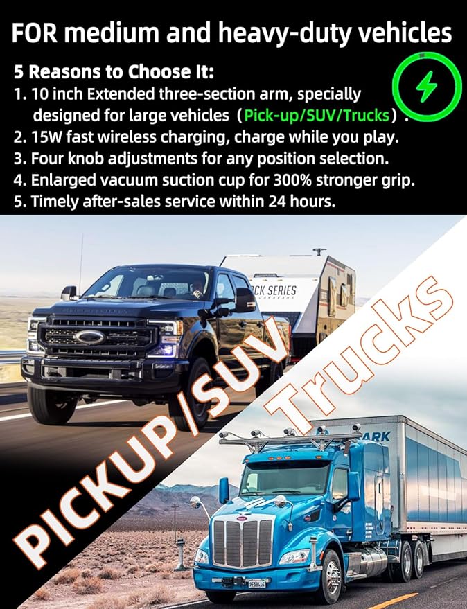 Wireless car Charger Phone Holder Mount for Truck,【10-inch Long arm 】 Pickup Truck Phone Holder Qi2 15W Fast Charging Heavy Duty Truck and Large SUV Windshield/Dashboard,for iPhone Samsung LG