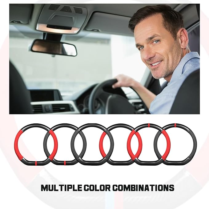 Ergocar Car Steering Wheel Cover Non-Slip Car Steering Wheel Protector Sport D-Shape Carbon Fiber & PU Leather Universal for Diameter 38cm(15") (Black-Stripe-B)