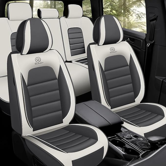 Auto Seats Covers Compatible with Toyota Corolla 2001-2025, Breathable and Waterproof Faux Leather Automotive Seat Cover (Full Set, Gray&White)