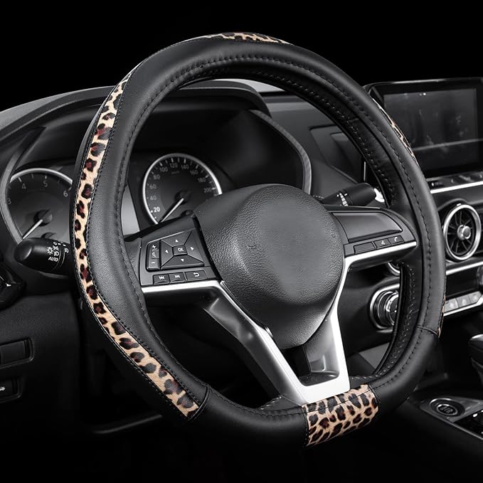 Road Comforts D-Type Steering Wheel Cover - Made with PVC Leather and Leopard Fabric - Universal Fit for 15-Inch D-Shaped Automotive Steering Wheels (Black Color)