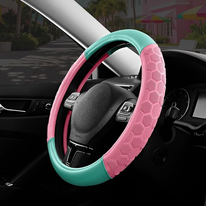 PIC AUTO Massage Steering Wheel Cover, Pink Football Pattern Material Spliced & Light Green Leather Car Steering Wheel Cover, Car Steering Cover, Universal Fit 14.5"-15.5" for Cars, Trucks, Van, SUVs