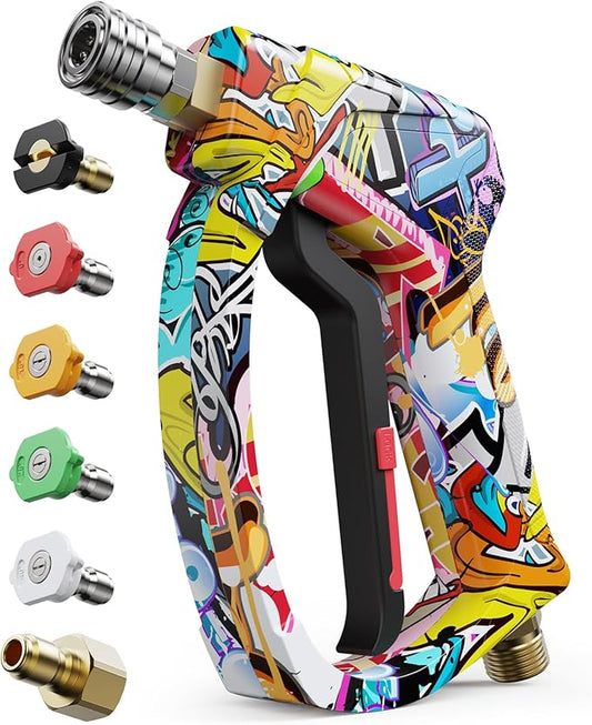 Short Pressure Washer Gun, High Pressure Washer Gun 4000 PSI M22-14mm & 3/8" Connect Car Accessories Car Washing Gun Car Detailing Kit with 5 Spray Nozzle, 1/4" Quick Connector Coupler for Foam Cannon