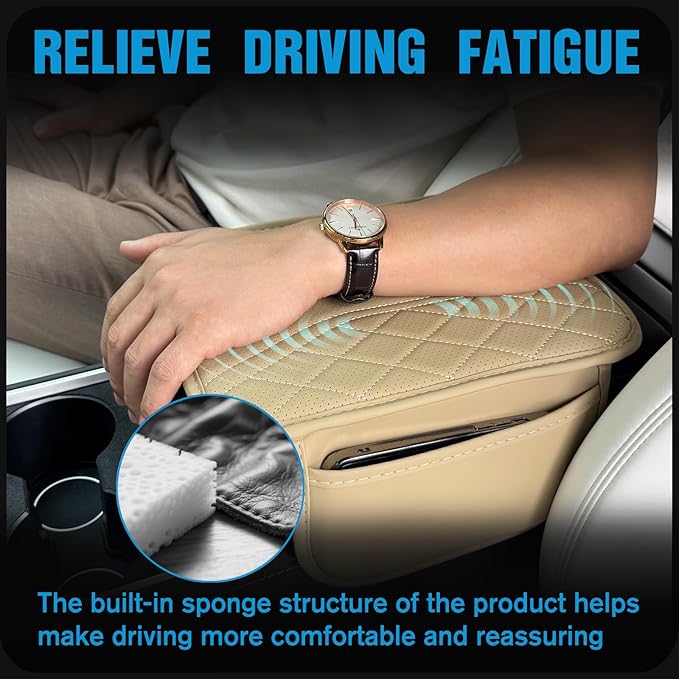 Upgraded Car Center Console Cover Microfiber Leather Armrest Cover Cushion with 2 Storage Bags&Universal Car Armrest Storage Box Universal Car Interior Accessory (2 Pockets, Beige)