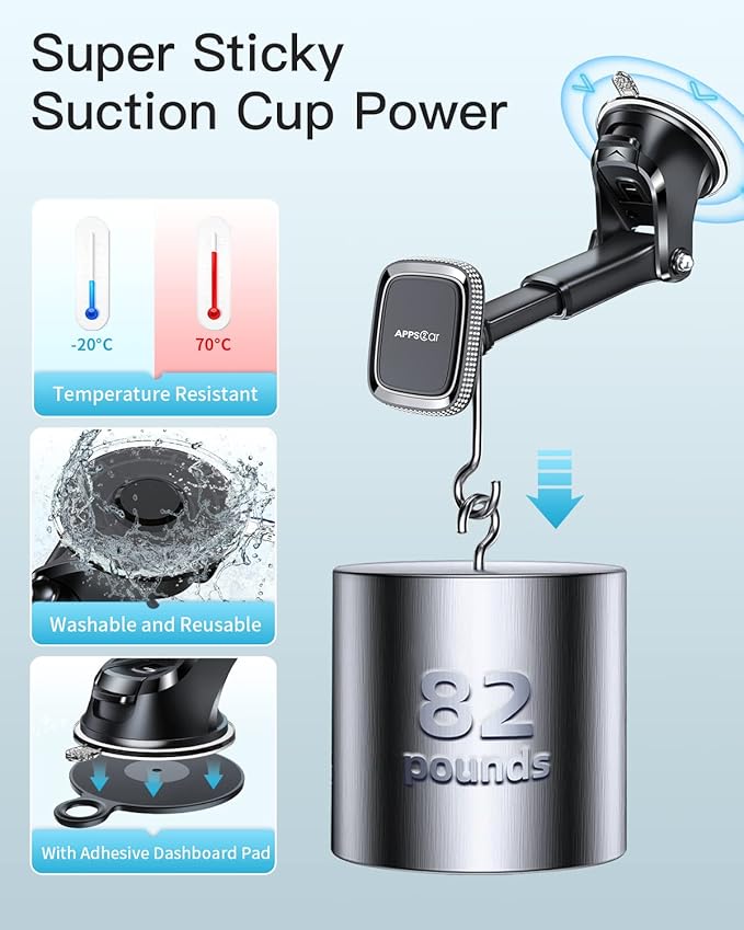 APPS2Car Magnetic Phone Holder for Car, Bling Dashboard/Windshield Sturdy Suction Cup Phone Holder, Crystal Magnetic Phone Mount[6 Strong Magnets & Adjustable Telescopic Arm] for All Smartphones