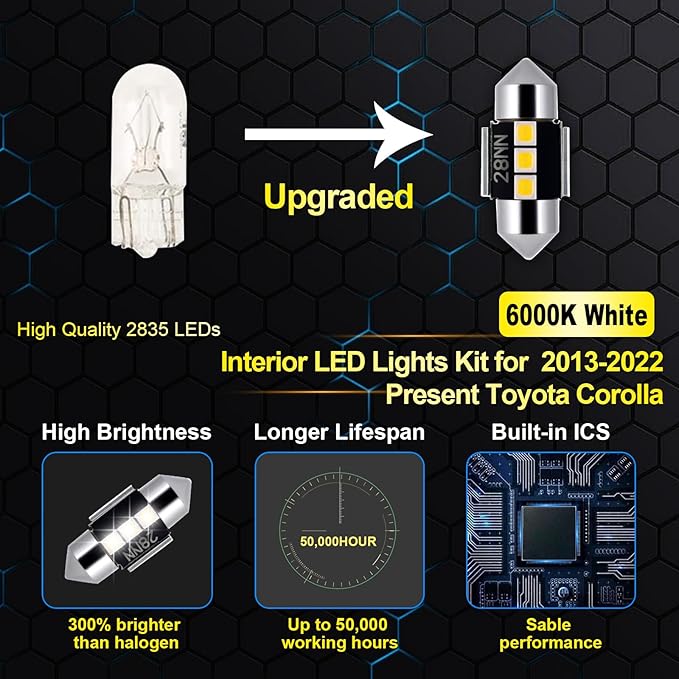 EASY EAGLE LED Interior Car Lights for Toyota-Corolla-2013-2022: 6 Piece Kit White LED Light Bulbs - Super Bright 6000K + Install Tool