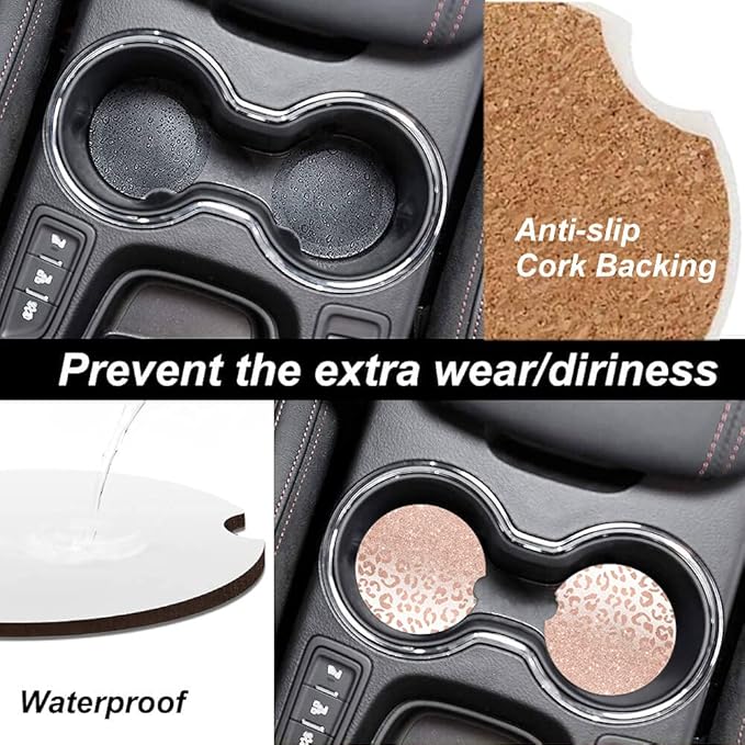 Trendy Rose Gold Glitter Leopard Absorbent Cup Holders Car Coasters,Ceramic Stone Drinks Coaster Set for Women Man 2.56"(2 Pack)