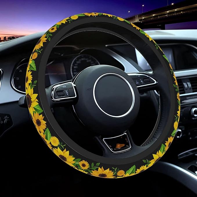 Steering Wheel Cover, Sunflowers Steering Wheel Cover for Women Men Anti-Slip Breathable and Sweat Absorption Universal 15 Inch Steering Wheel Protector Sunflowers Car Accessories