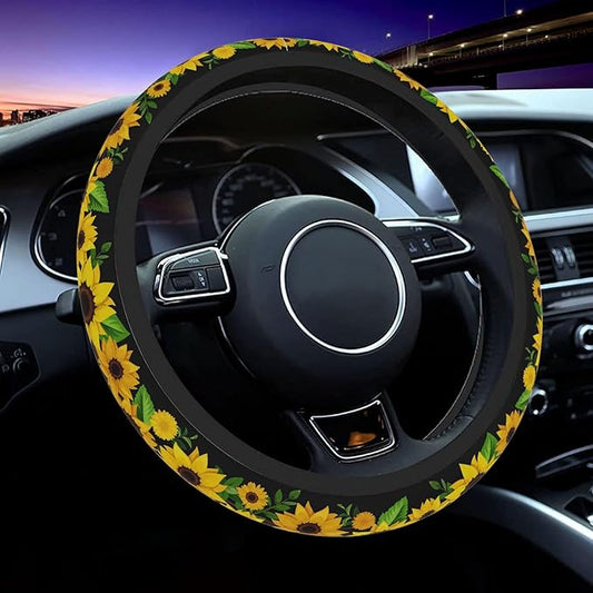 Steering Wheel Cover, Sunflowers Steering Wheel Cover for Women Men Anti-Slip Breathable and Sweat Absorption Universal 15 Inch Steering Wheel Protector Sunflowers Car Accessories