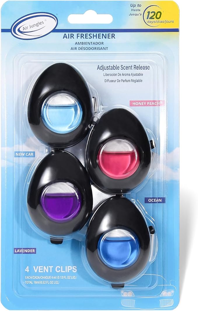 Air Jungles Car Air Freshener Vent Clip 4 Count, Variety Pack, New Car, Honey Peach, Lavender, Ocean, 4 ml Each, Long-Lasting Car Odor Eliminator, Up to 120 Days Freshness for Auto