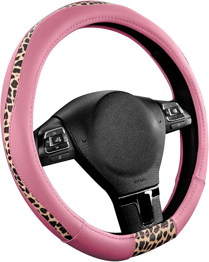 Road Comforts D-Type Steering Wheel Cover - Made with PVC Leather and Leopard Fabric - Universal Fit for 15-Inch D-Shaped Automotive Steering Wheels (Pink Color)