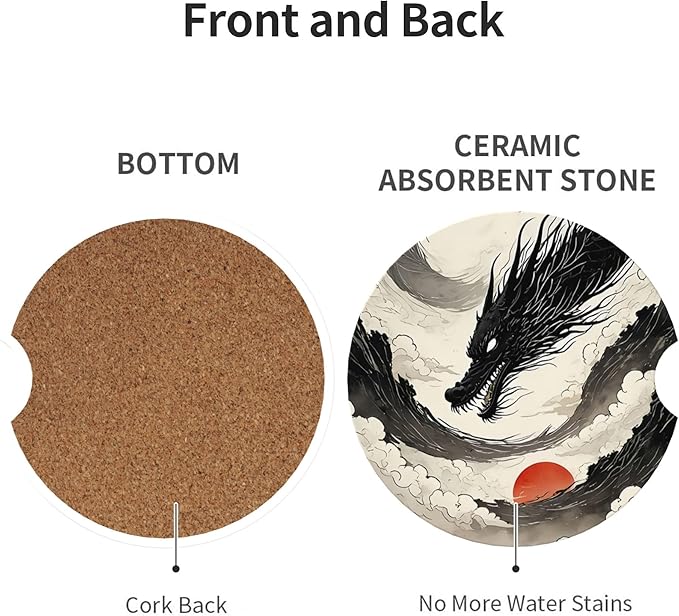 Absorbent Car Coasters for Cup Holders, 2 Pack Universal Anti Slip Ceramic Cup Coaster for Women Men 2.56 Inch Car Interior Accessories - Black Dragon 016
