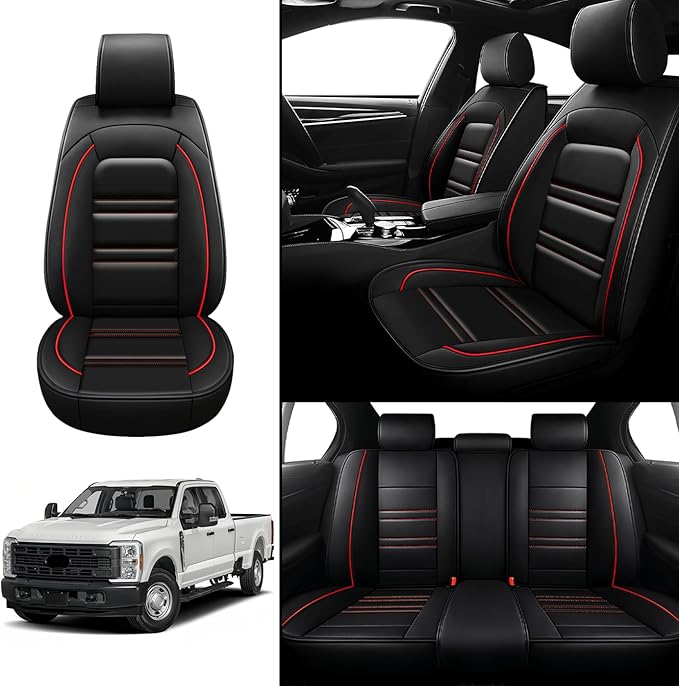 Seat Covers for Ford f250 2011-2025 | 5-Seats Leather Seat Covers, Easy to Install Automotive Seat Covers Full Set (Full Set, Black&Red Line)