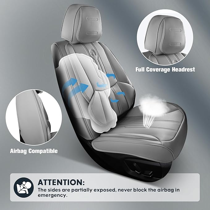 AOOG Car Seat Covers Full Set, Leather Seat Covers for Car, Waterproof Car Seat Protector with Lumbar Support, Automotive Seat Covers Universal Fit for Most Cars SUV Trucks (Full Set, Grey)