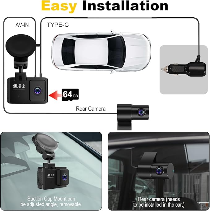 Dash Cam Front and Rear: 4K+2.5K Dual Channel Dash Cam-5GHz WiFi, GPS Dash Camera for Cars with 64GB Card, 2.0" IPS Screen, App Control,G-Sensor,Loop Recording,170°Wide Angle,Night Vision,Parking Mode