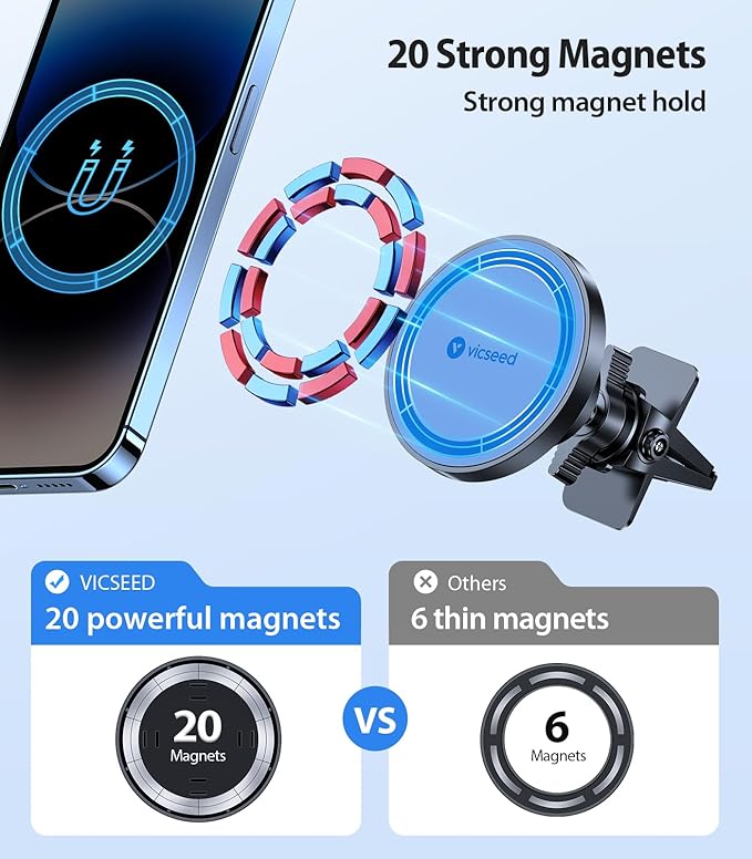 VICSEED for MagSafe Car Mount [Upgraded Strongest Magnet Power] Magnetic Phone Holder for Car Vent 360 Adjustable Magnetic Car Phone Holder Mount for iPhone 17 Air Pro Max 15 14 13 12 Plus Mini, Blue