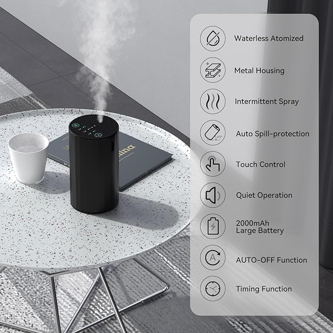 Waterless Essential Oil Diffuser Aromatherapy Scent Diffusers for Home Large Room, Bedroom, Car, Office, Desk, Battery Operated Mini Portable Air Freshener, 3 Countdown Timers & 3 Mist Levels