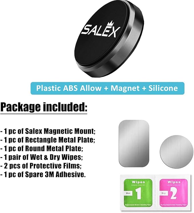 SALEX Magnetic Phone Car Mount with 3M Adhesive. Black Flat Cell Phone Holder for Car Dashboard, Truck, Wall, Mirror, Table. Universal Low Profile Stick on Magnet Set for Tablet Smartphone, Mobile