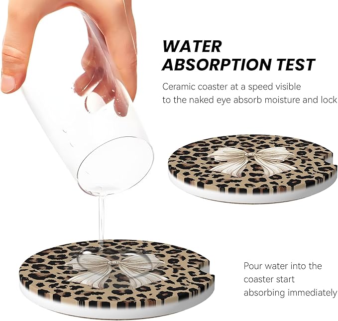 Absorbent Car Coasters for Cup Holders, 2 Pack Universal Anti Slip Ceramic Cup Coaster for Women Men 2.56 Inch Car Interior Accessories - Bow Tie Brown Leopard 007