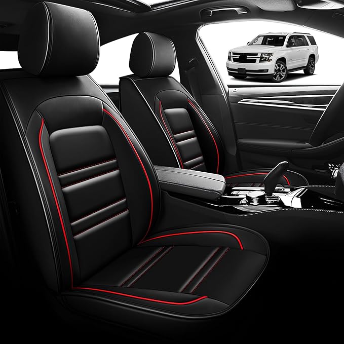 Seat Cover for Chevy Tahoe 1995-2025 | Car Seat Covers Front Seats, Waterproof Seat Protectors, Automotive Front Seat Covers (Front Seat, Black&Red Line)