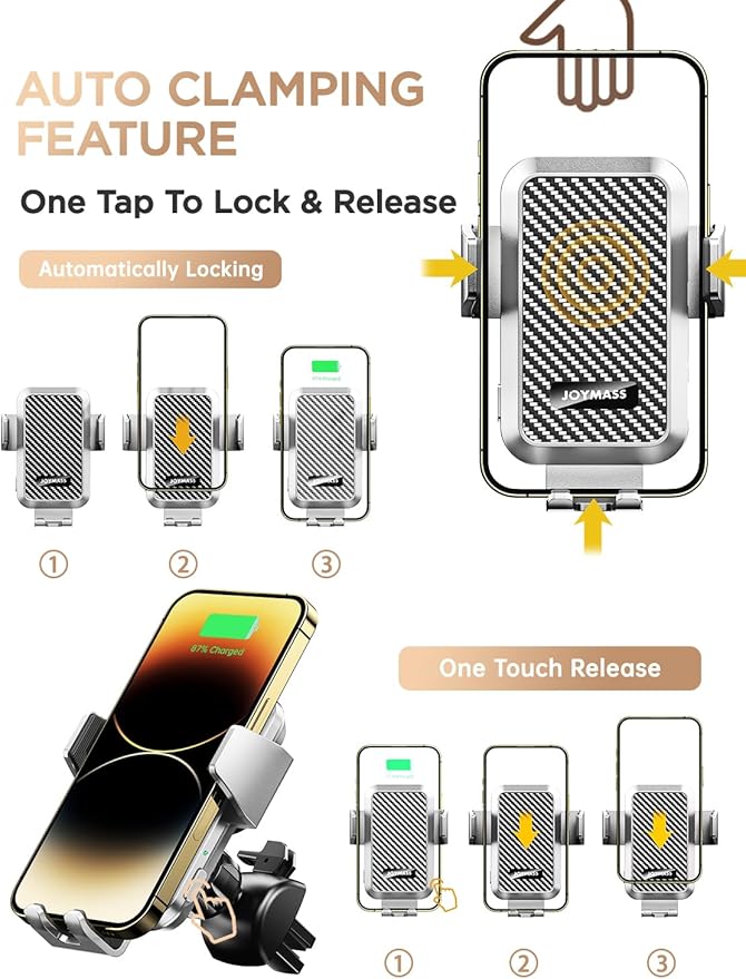 Wireless Car Charger, 15W Fast Charging Auto Clamping Car Charger Cell Phone Holder Mount Vent for iPhone 15 14 13 12 Mini Pro Max, Samsung Galaxy S24 Ultra S23 S22 S21+ Note 20, etc - Silver