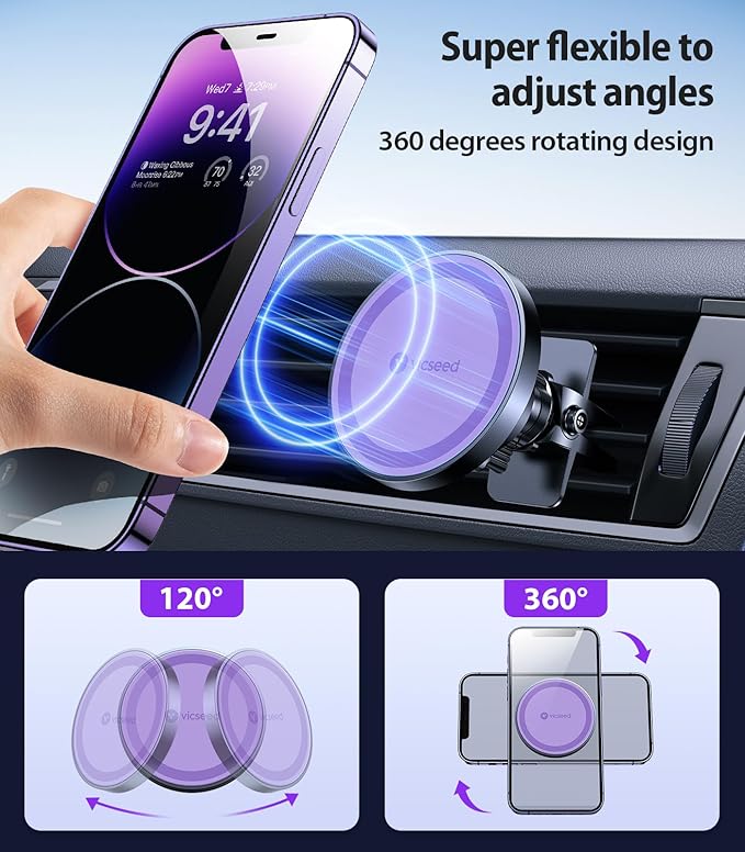 VICSEED for MagSafe Car Mount [Upgraded Strongest Magnet Power] Magnetic Phone Holder for Car Vent 360 Adjustable Magnetic Phone Mount for iPhone 17 Pro Max 16 15 14 13 12 Plus Mini, Purple